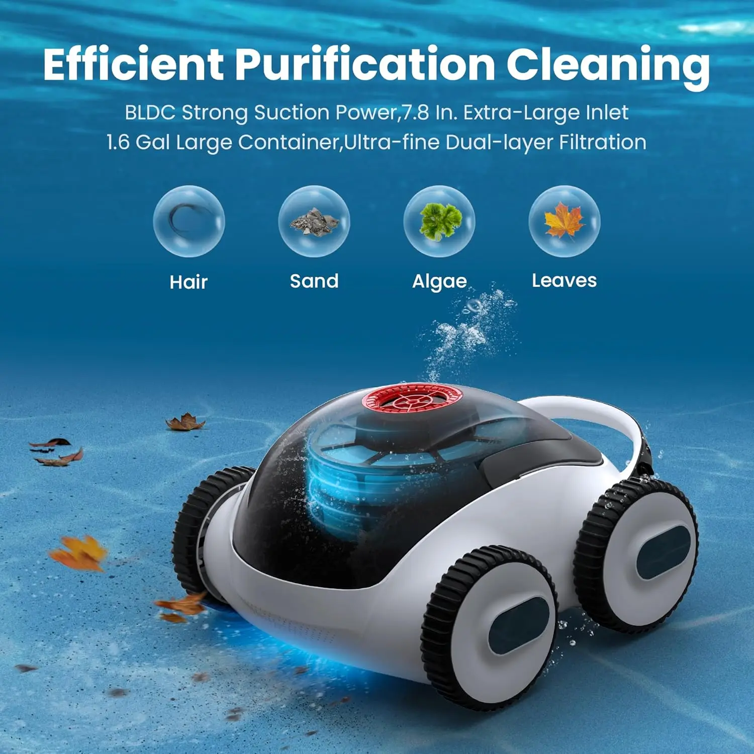 Pool Vacuum, Automatic Robotic Pool Cleaner with App, Lasts up to 240 Mins, Ultra-fine Dual Filter Ideal for Above/In-G