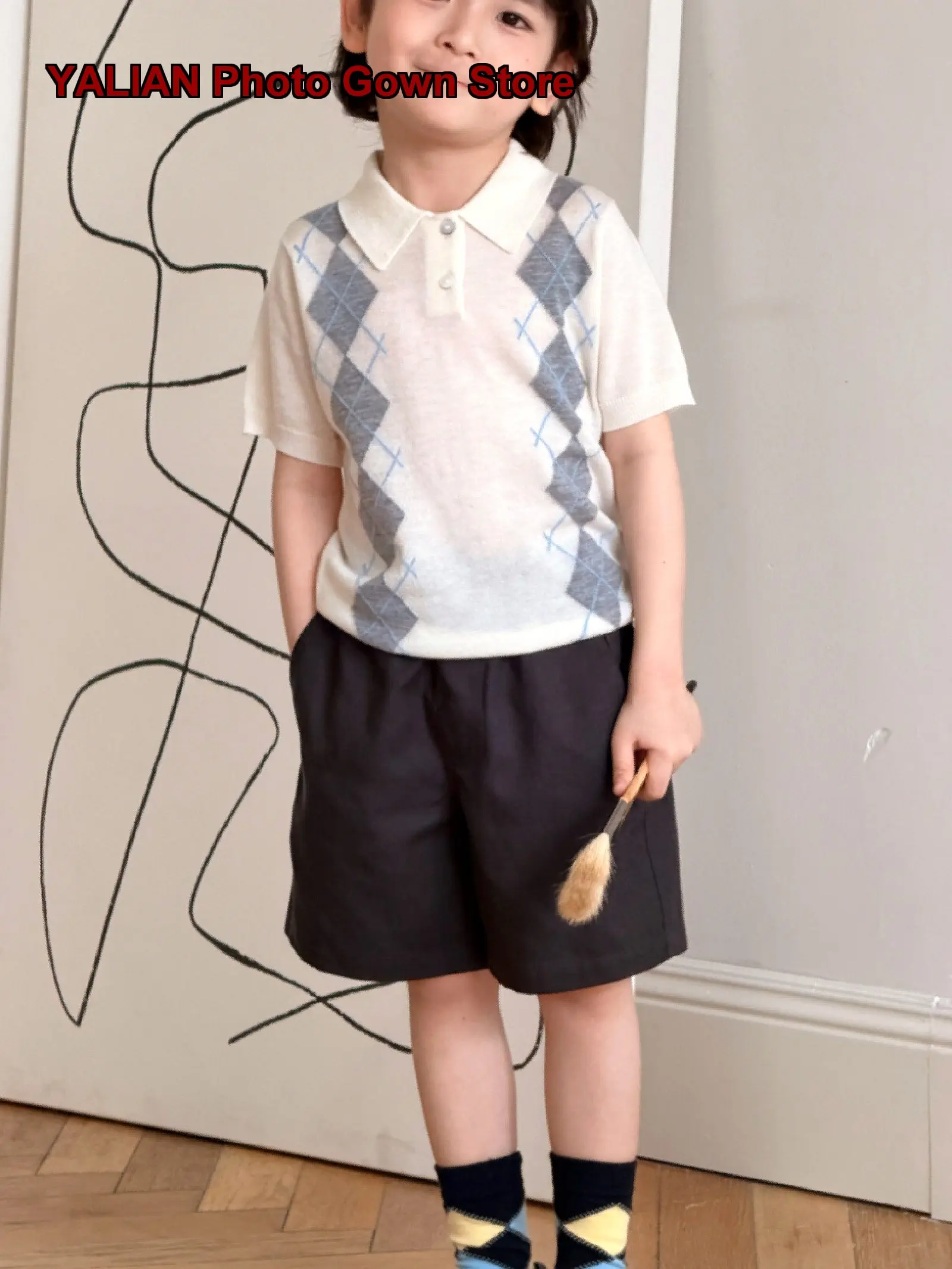 Boys Girls Polo Collar Knit Top Pure Wool Plaid Pattern Short Sleeves