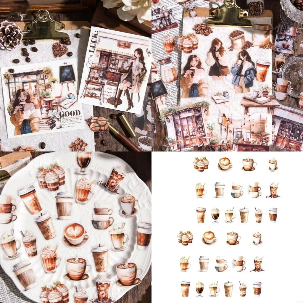 

Y5LB 30 Sheets Adhesive Sticker Decorative Sticker Coffee Girl Character Sticker