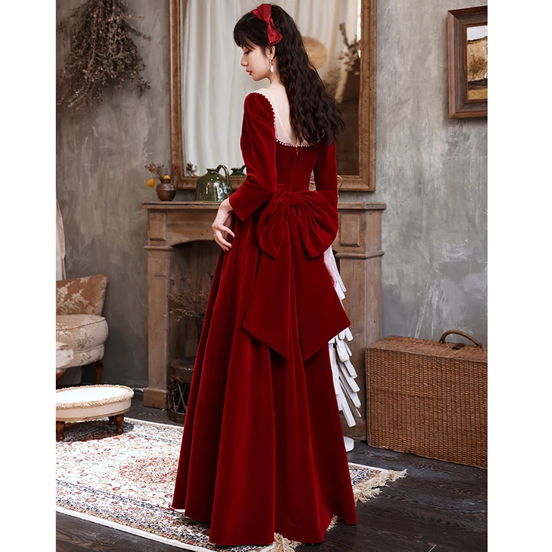 Velvet Wedding Dress Women's Spring Autumn Red Dress Formal Evening Gown Bride-to-be Return Home Ceremony Korean Style
