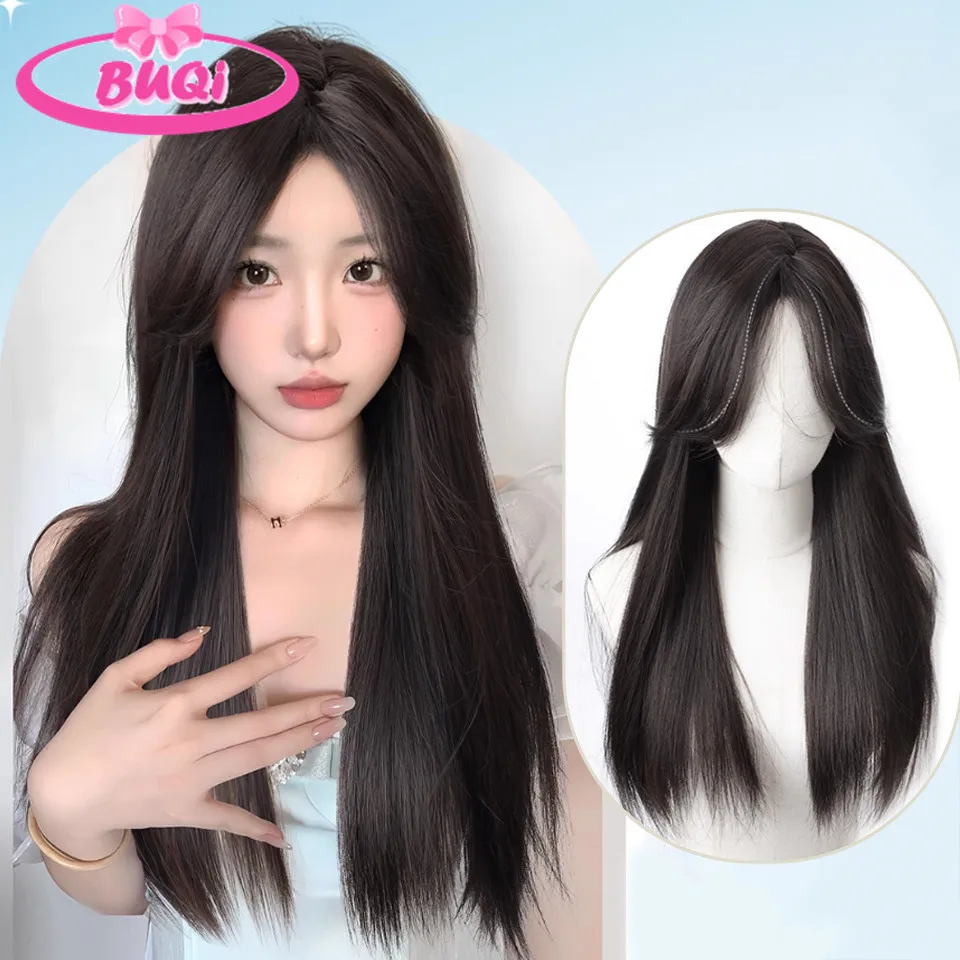 Black Long Straight Synthetic Wigs for Cosplay Ash Highlights Natural Hair Wig with Bangs for Women Heat Resistant Party Hairs