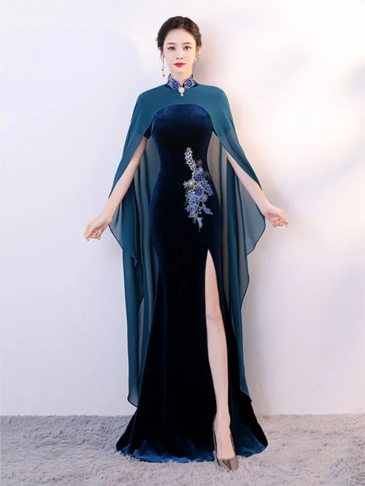 

Velvet fashion show cheongsam performance New long Chinese-style improved fishtail dress