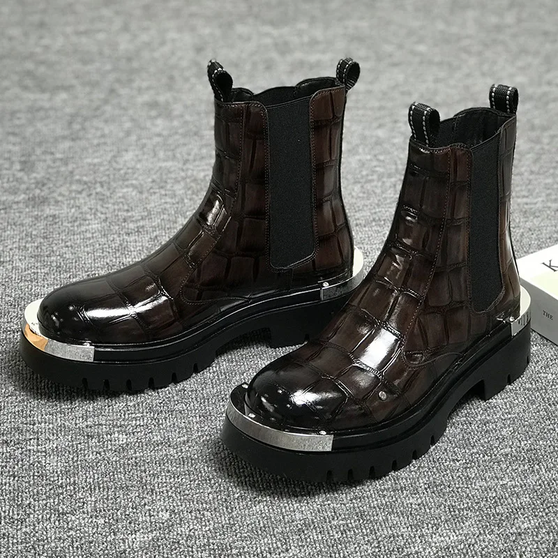High Quality Mens Derby Boots High Top Metal Toe Cap Slip on Work Ankle Boots Chunky Sole Business Casual Shoes Fashion Footwear view 3