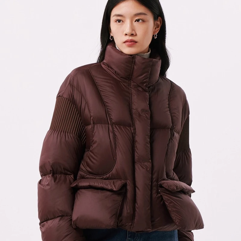 Chericom Women's Short Puffer Jacket Stand Collar Zippered Placket Drawstring Hem Snap-Button Flap Pockets Windproof Y299111Y