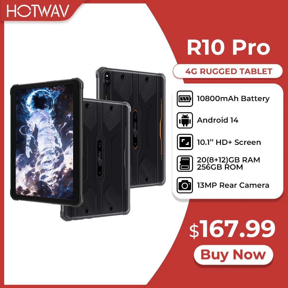 

Прочный планшет HOTWAV R10 Pro, 10800 мАч, массивная батарея, 10,1-дюймовый HD+-дисплей, Android 14, 8 ГБ, 256 ГБ, 13 МП, 4G, глобальный планшетный ПК