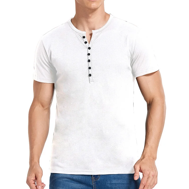 Summer Mens T-shirts Casual Solid Color Short Sleeve Henry Collar Tops Tees US Size S-XXL Half Cardigan For Men