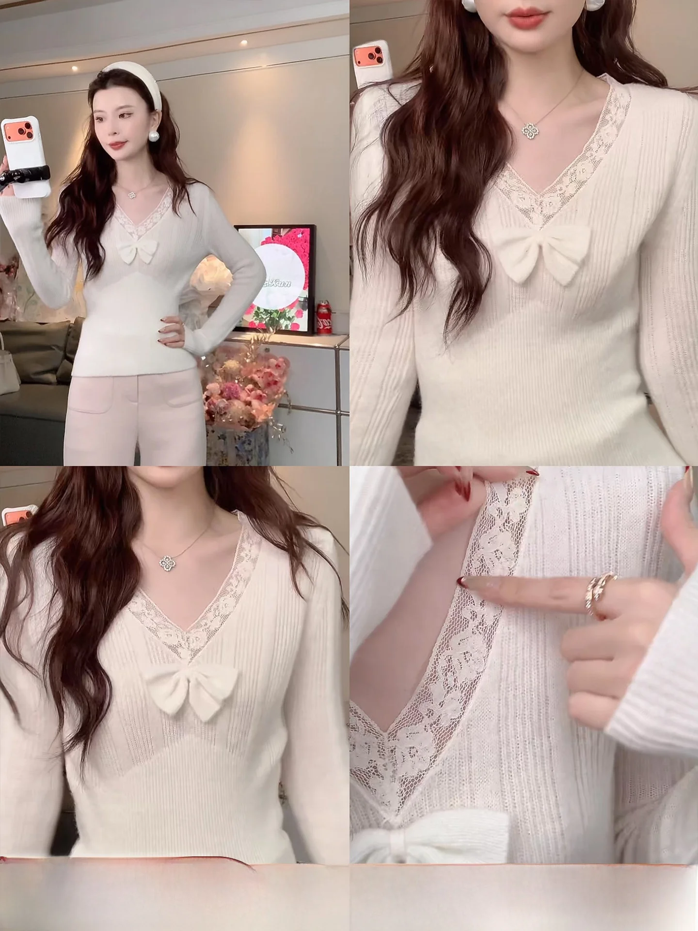 

Kun Total Women's Slim Fit V-Ne Wool Knitwear Alpaca Wool Inner irt New Sle French Sle Medium Thin Long Sve