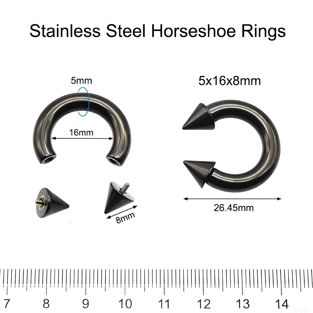 1 قطعة مقياس كبير أسود الفولاذ المقاوم للصدأ حدوة الحصان الدائري مع سبايك التعميم الحديد ثقب الأنف خواتم مخروط ثقب الحاجز خواتم