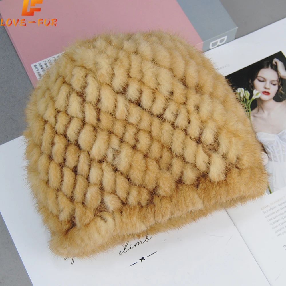 

Hot Sale Winter Lady Natural Hand Knitted Mink Fur Beanies Hat Warm Genuine Mink Fur Cap Women Good Elastic Real Mink Fur Hats