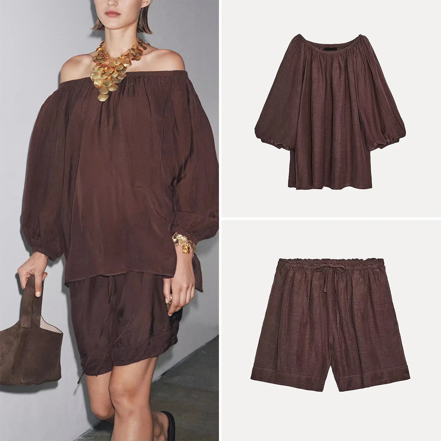 Z Women's Summer 2025 Faion Set oulder Bared Top with Drapey orts Long Sve round Ne Crew Ne Two Piece Set