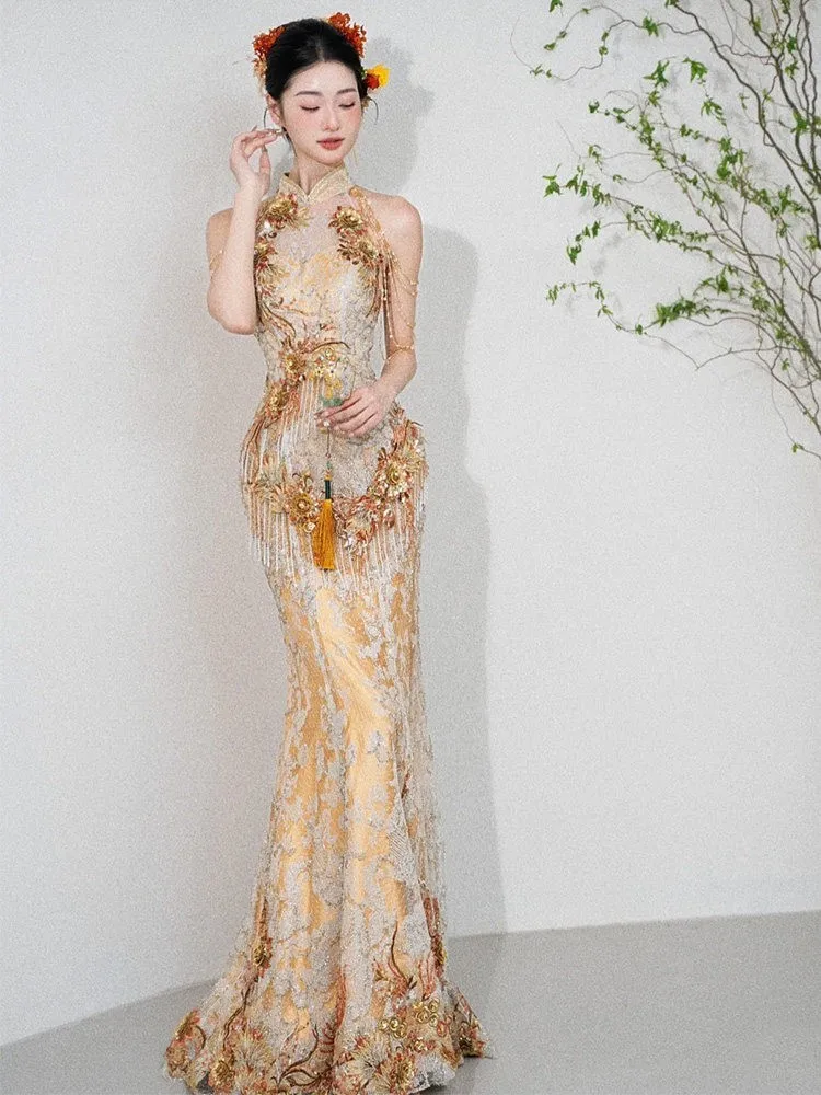 New champagne-colored toasting cheongsam fishtail light luxury heavy industry Chinese-style dress