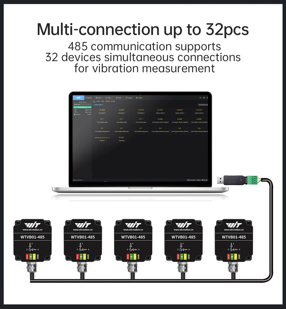 WTVB01-BT50 Bluetooth 50m Wireless Multi-connected Vibration Sensor, 3-axis Vibration Displacement + Speed + Amplitude+Angle