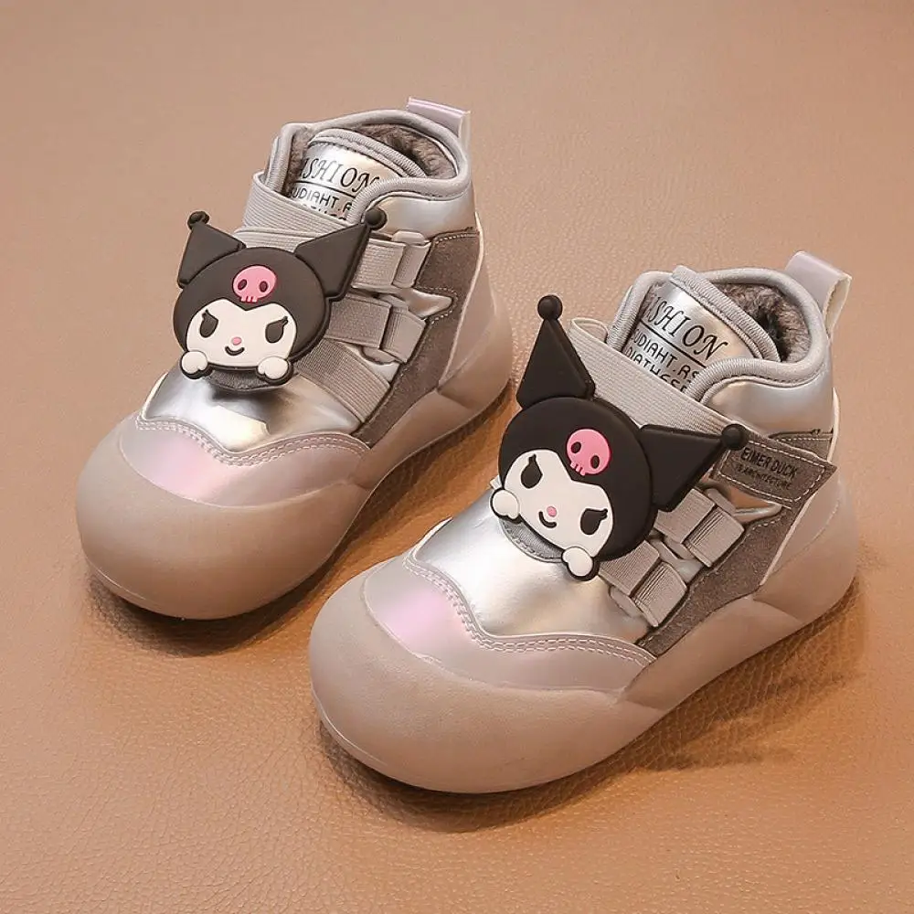 Kuromi สาวรองเท้าผ้าฝ้าย Sanrio กํามะหยี่กลาง Gang Velcro Casual รองเท้าการ์ตูนน่ารักฤดูหนาวเด็กด้านล่างนุ่ม Keep Warm Snow Boots