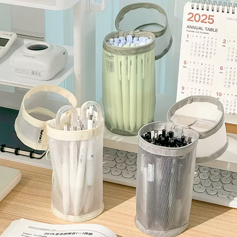 Porte-stylos en maille, sac à stylos, boîte à stylos en maille, étui à rabat grande capacité, porte-stylos de couleur unie, sac de rangement portable pour papeterie
