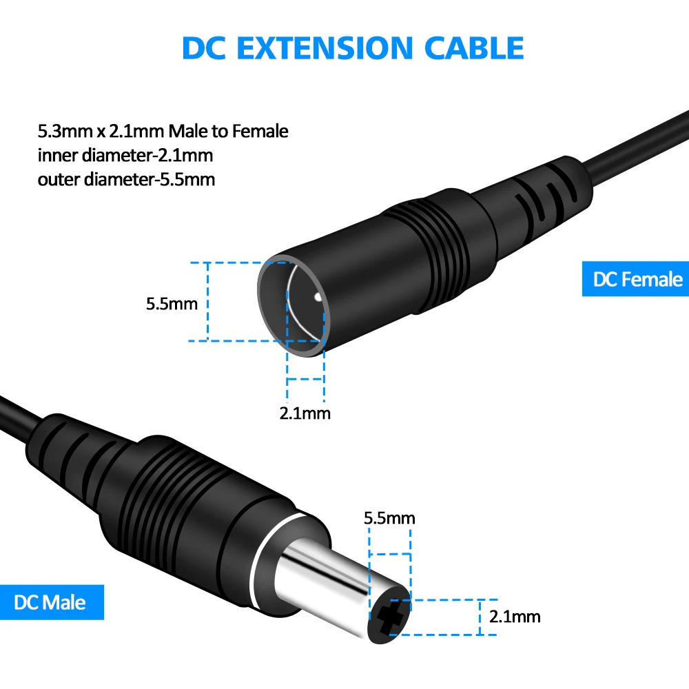 2M 6.56FT/ 5M 16.5FT / 10M 33FT Przedłużacz DC 5.5x2.1mm Przedłużacz kabla zasilającego do kamery bezpieczeństwa CCTV Przedłużacz 12 V