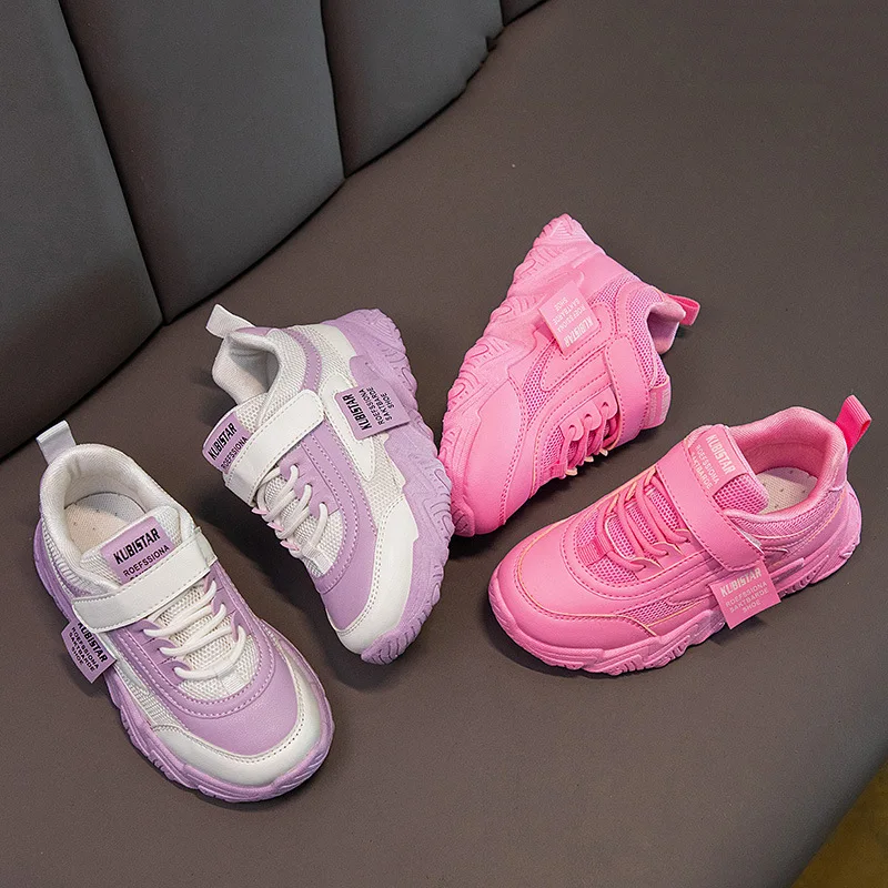 

Fall Boys and Girls Soft and Comfort Velcro Breathable Mesh Fabric Sports Purple Kids Shoes Lightweight Retro Daddy Shoes Trend