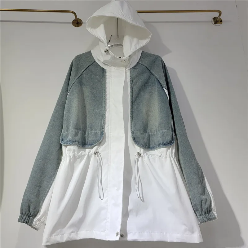 

SuperAen лоскутный джинсовый кардиган с капюшоном на талии, плиссированный кардиган с длинными рукавами, свободные повседневные модные пальто большого размера