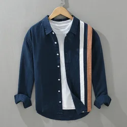 2024 New 100% Linen Long Sleeve Shirt for Men Loose Shirts No Bounce Fashion Striped Patchwork Men's Clothing