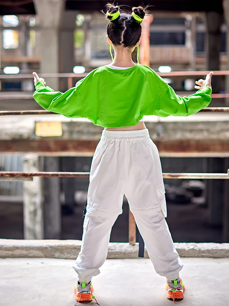 Disfraz de baile de Hip Hop para adolescentes, Tops cortos verdes, pantalones blancos, ropa de práctica de baile moderno, atuendo de actuación de concierto BL9077