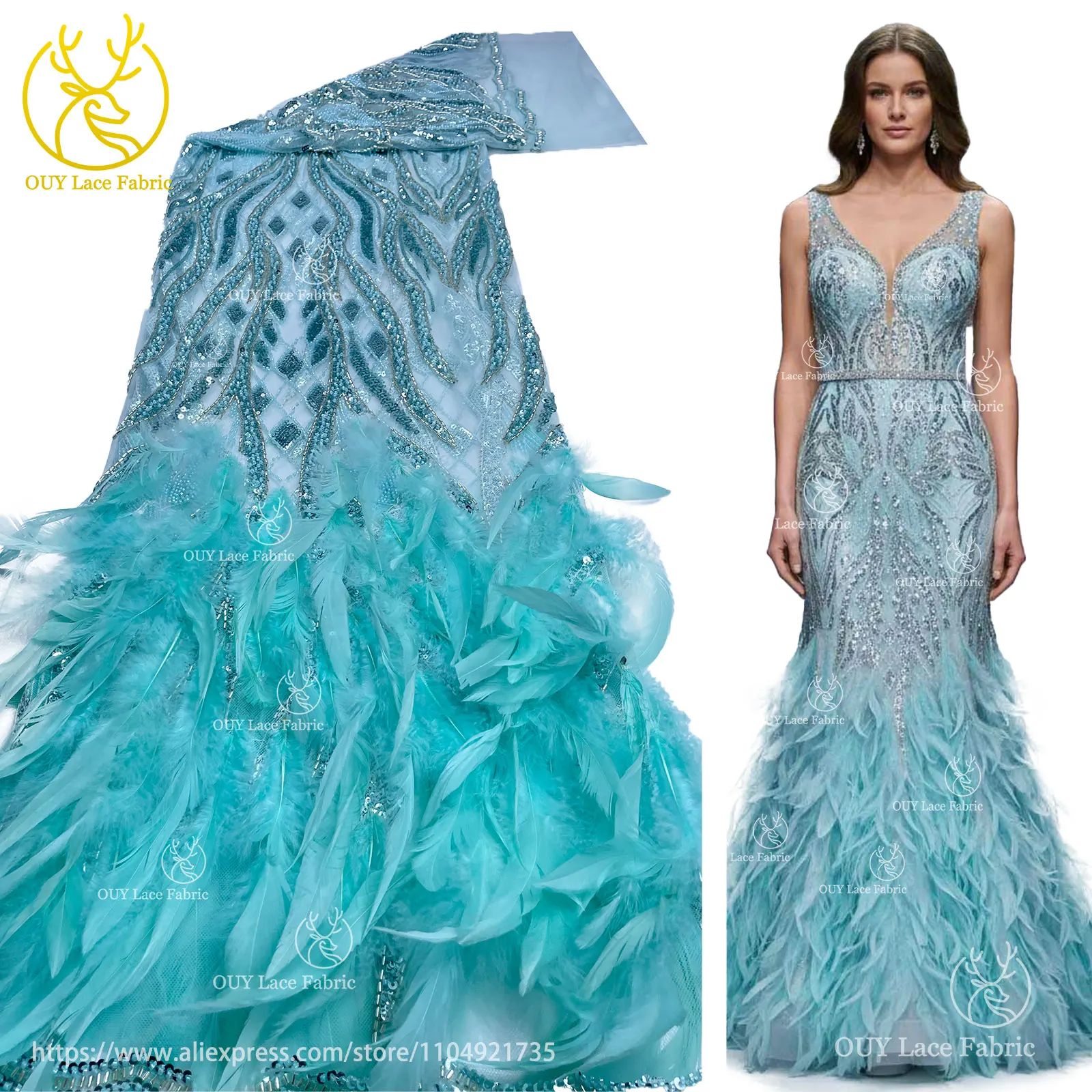 

3D Feather Fashion African Lace Embroidery Beaded Lace Fabric 2025 High Quality French Nigerian Sequin Lace Fabric Dress Sewing