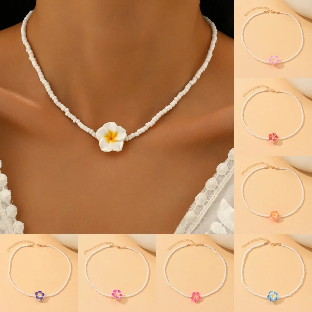 Collar Bohemio de Plumeria con Cuentas de Arroz Blancas de Arcilla Polimérica Dopamina, Color Degradado Gradual, para Mujer, Joyería para Vacaciones en la Playa, Regalos