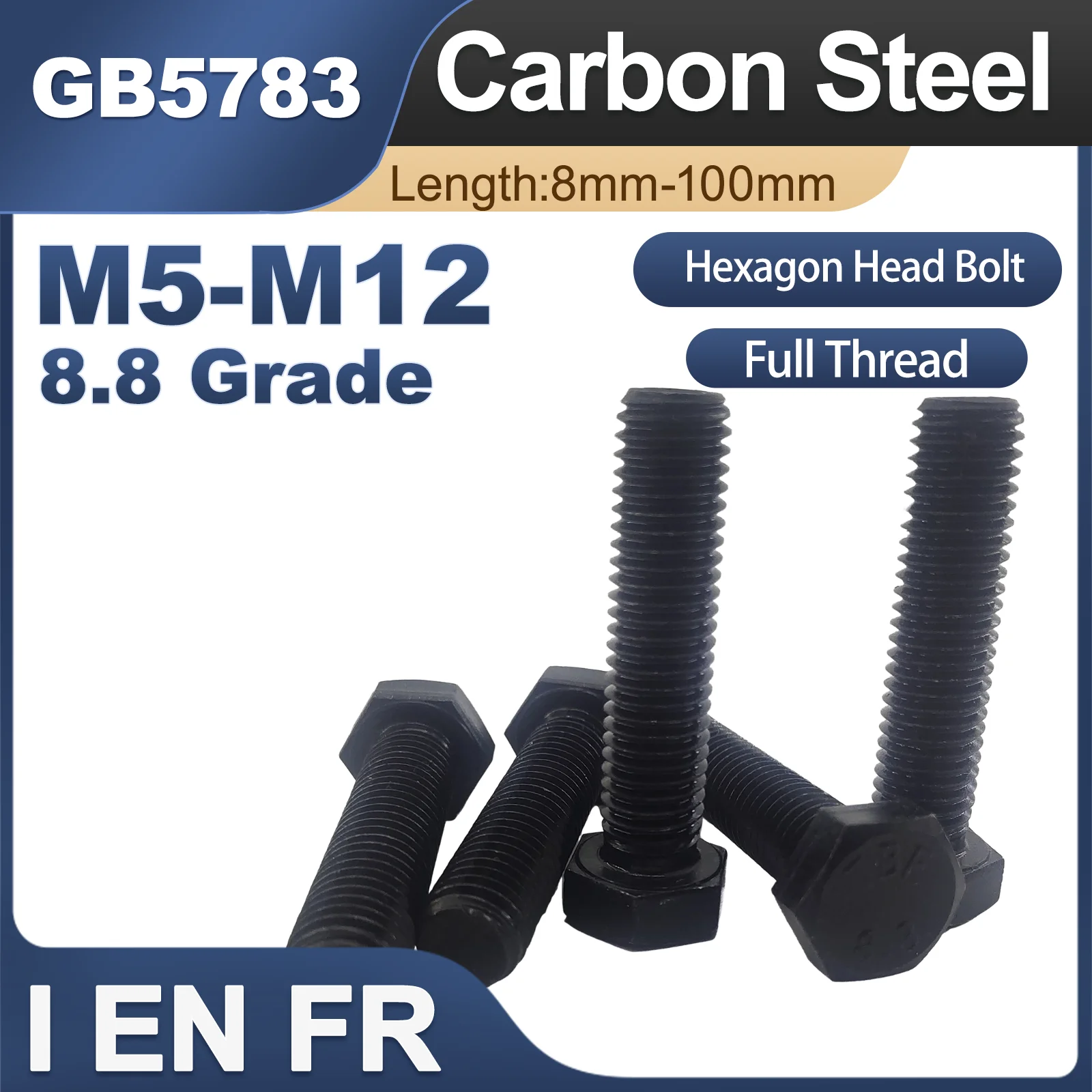 1/10X M3 M4 M5 M6 M8 M10 M12 DIN933 GB5783 Black Steel Full Thread External Hex Outside Hexagon Head Cap Screw Bolt