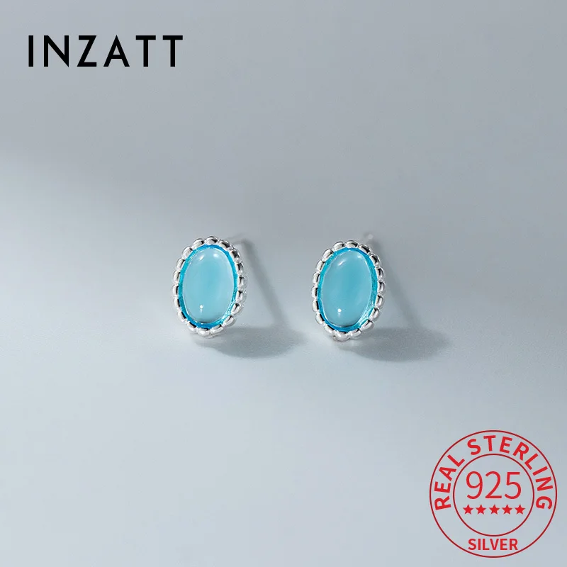 

INZATT Real 925 Sterling Silver Oval Aquamarine Geometric Stud Earrings for Women Classic Fine Jewelry Minimalist Accessories