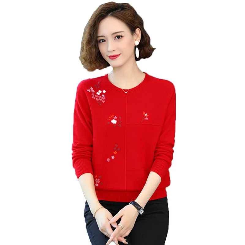 

Spring Autumn New 2025 Middle-Aged Mother Knit Top Embroidered Women's Base Shirt Female Round Neck Sweater Coats ZT217