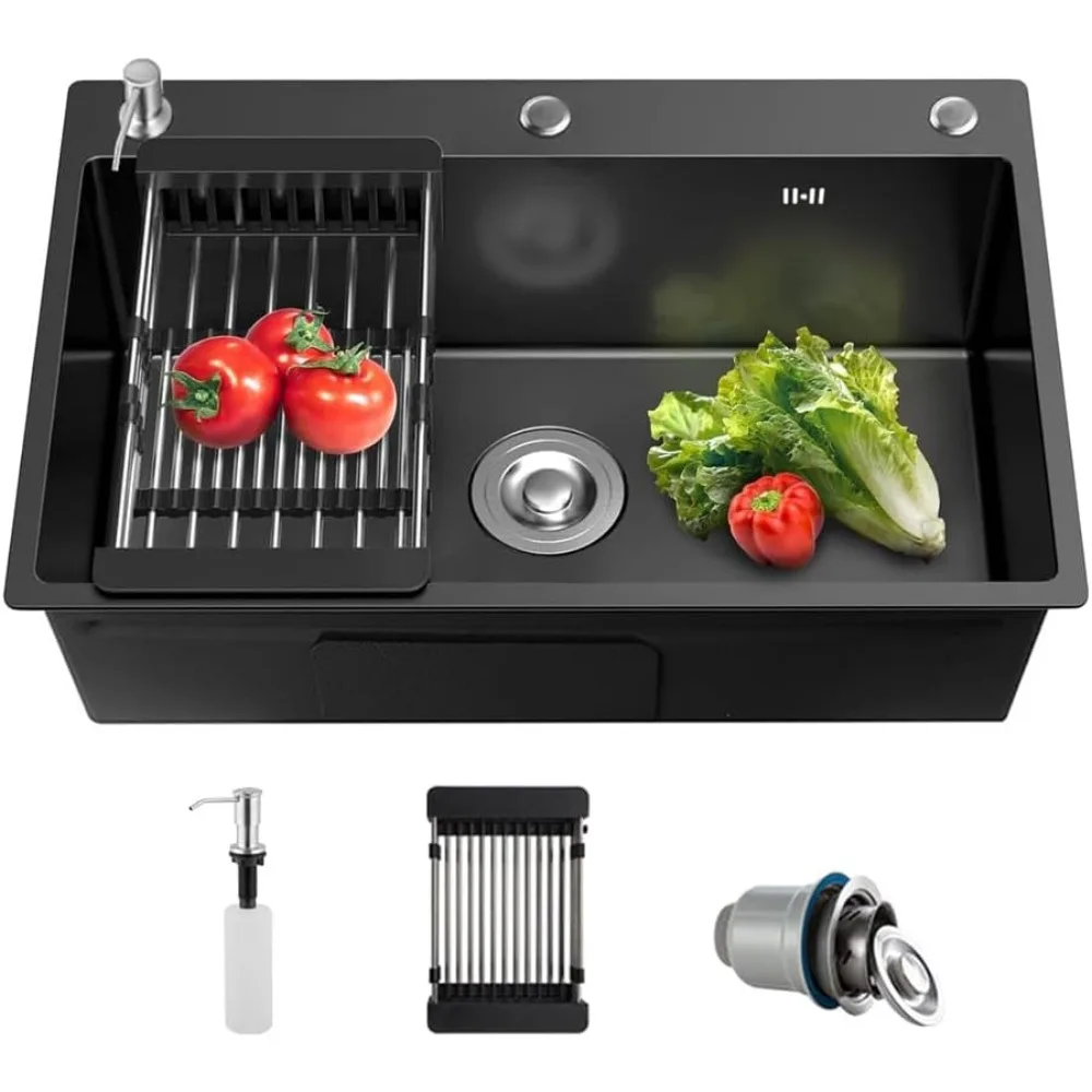 

artline 16 gauge black kitchen sink, 3 hole stainless steel kitchen sink, drop in/topmount single bowl workstation sink, farmhou