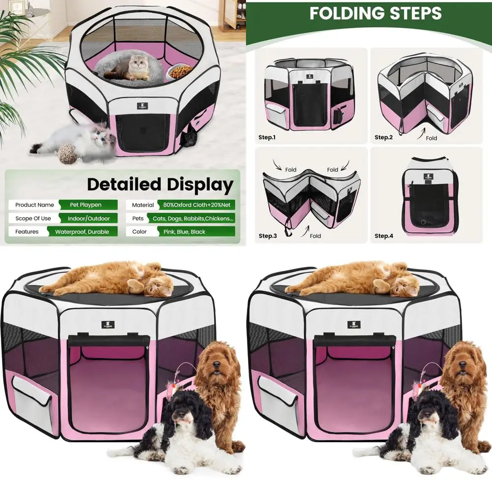 

Portable Folding Pet Playpen for Dogs, Cats, Rabbits, Chicks - Medium Size, Suitable for Indoor and Outdoor Use, Pink