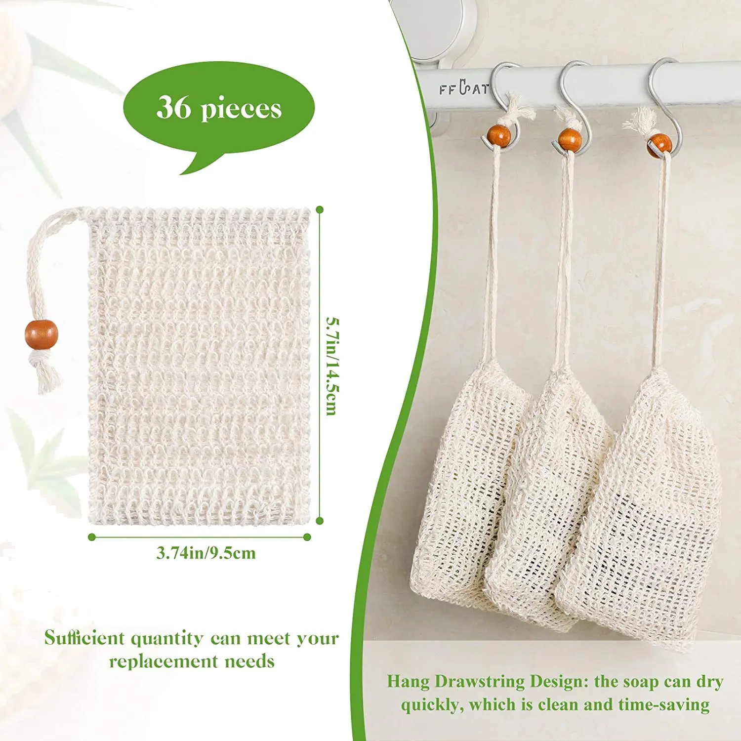 36 Pack Soap Exfoliating Bags,Soap Saver Made Sisal Mesh Soap Bag Bar Soap Bag with Drawstring for Bath & Shower Use