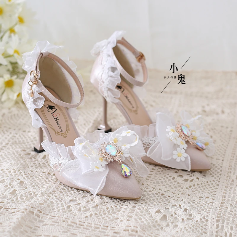 Elegant Lolita Daisy Generative Color Butterfly Lace High Heel Shoes Pointed Adult Floral Wedding Shoes Slim Heel Shoes