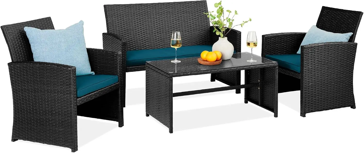 Four Piece Outdoor Wicker Patio Conversation Furniture Set Backyard Coffee Table Seat Cushions Black Peacock