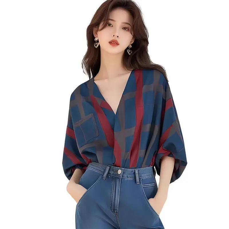 Spring Summer New V-neck Three Quarter Fashion Blouse Women High Street Casual Loose Printing Pullovers Elegant All-match Tops