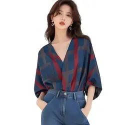 Spring Summer New V-neck Three Quarter Fashion Blouse Women High Street Casual Loose Printing Pullovers Elegant All-match Tops