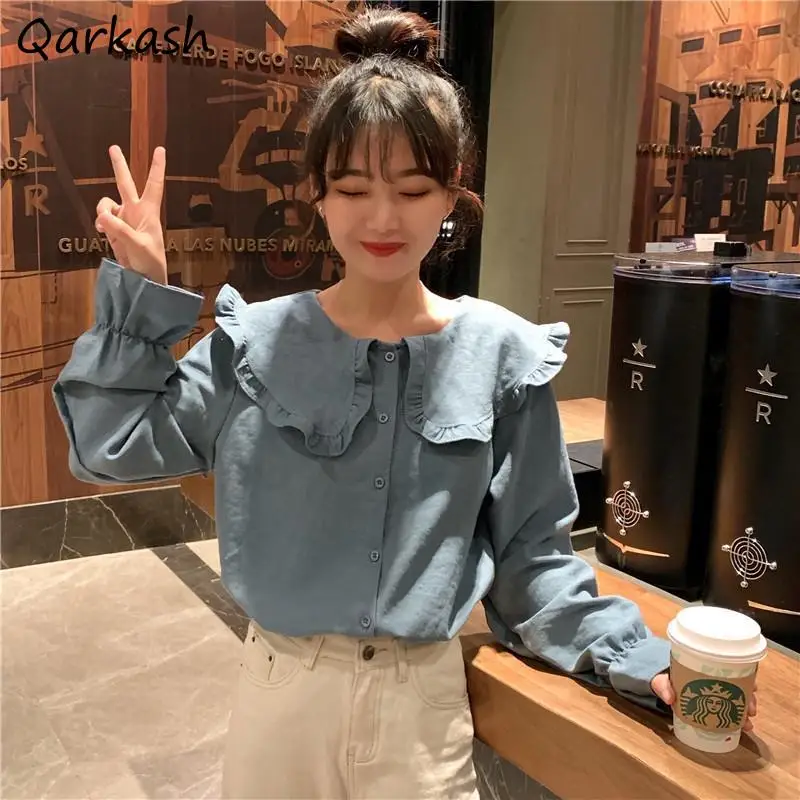 Lovely Shirts Women Pure Color Fit Single Breasted Blusas Peter Pan Collar Harajuku Students S-3XL Leisure Mujer Ropa Design Ins