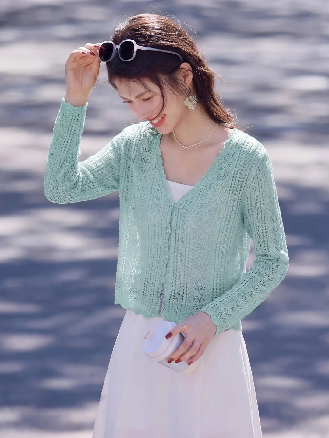 

Xin Fei Yu Thin Knitted Cardigan Women's Summer New Commute Hollow out Breathable Casual Long Sleeve Cover up Top
