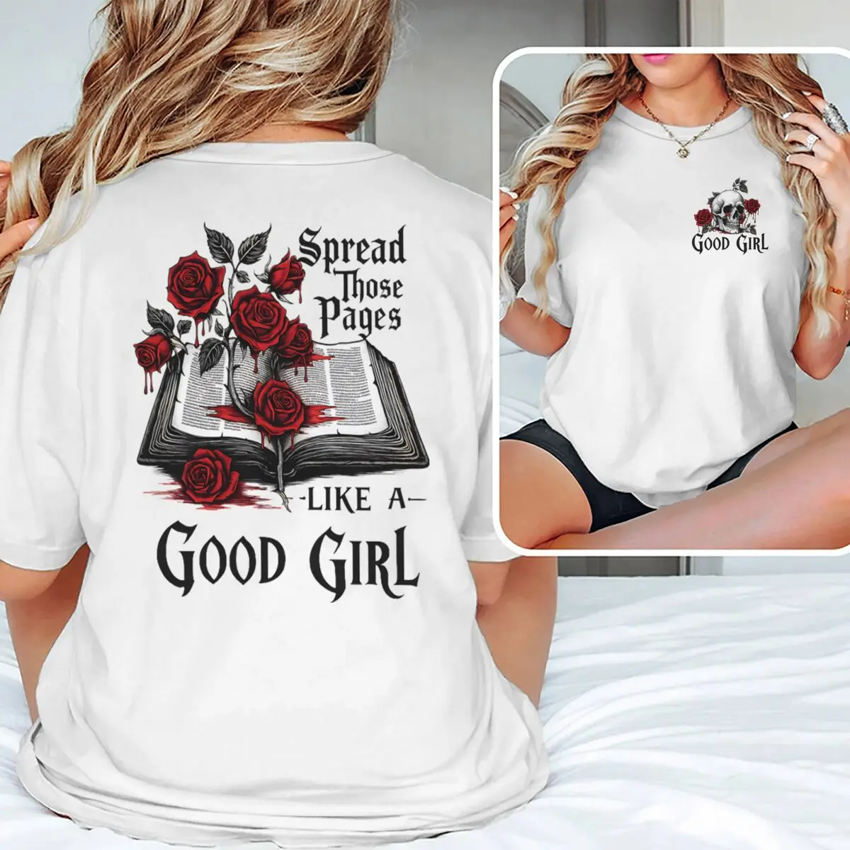 

Gothic Book & Rose Graphic T Shirts Women Crew Neck Short Sleeve T-shirt Book Lover Gift Casual Tops Bookish Streetwear Clothes