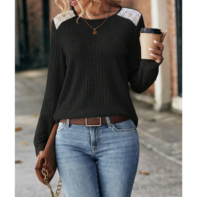 Casual Solid Color Women's Long Sleeved Top With Grooves Brushed Lace Stitching Round Neck Autumn And Winter New Style T-shirt