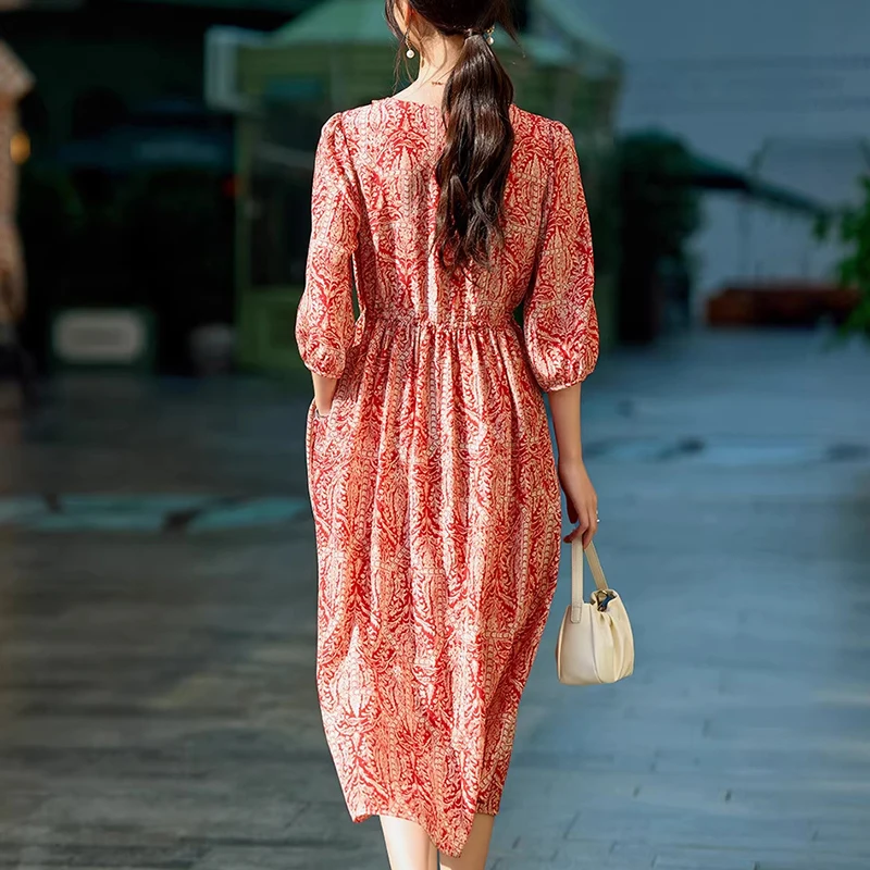 Luxury 100% Real Silk Vintage Dresses for Women Summer 2026 Elegant V-neck Women's Print Dress A-line Holiday Long Dress
