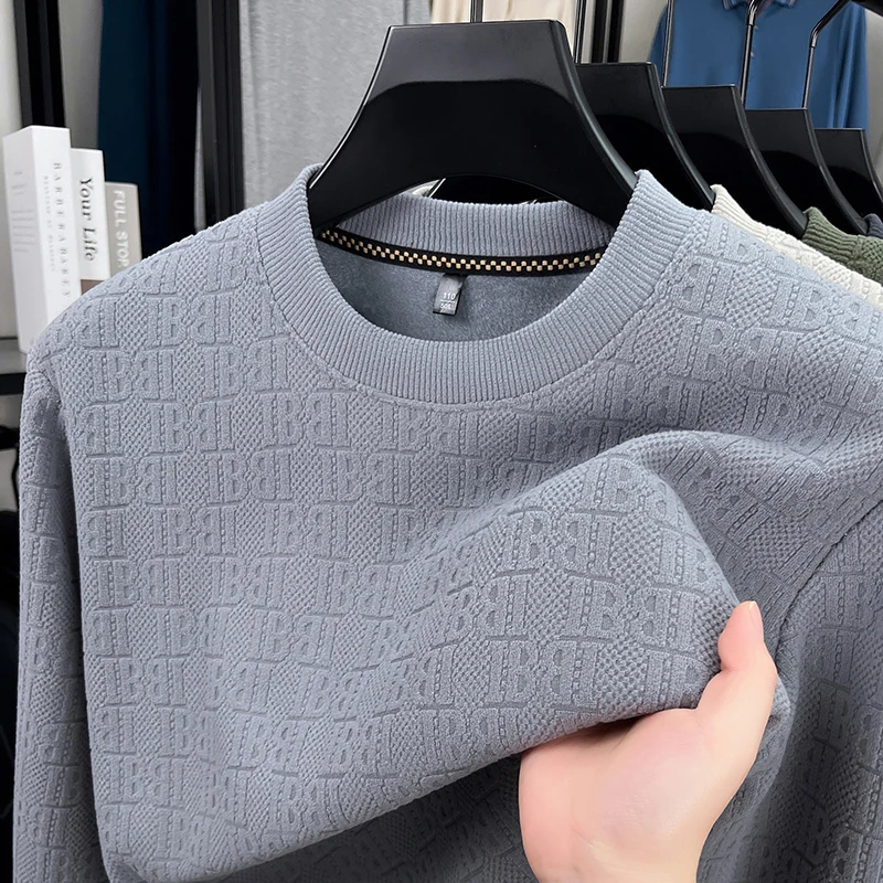 Herren-Pullover mit Rundhalsausschnitt, aus dickem Strick, mit Fleece-Futter, Jacquardmuster, lange Ärmel, weicher, warmer Stoff, für den Innen- und Außenbereich, Winter, Freizeitkleidung. – Detail 13