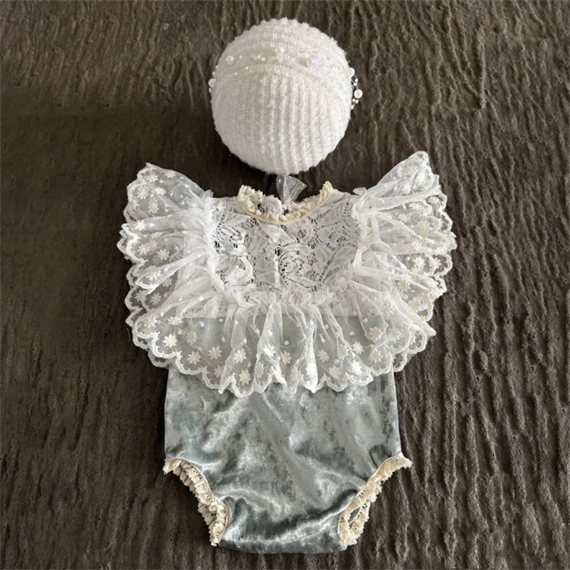 Newborn Photography Props Baby Girls Romper Outfit Lace Jumpsuit Bodysuit Headband Hat Clothes Infants Photo Shooting Clothing