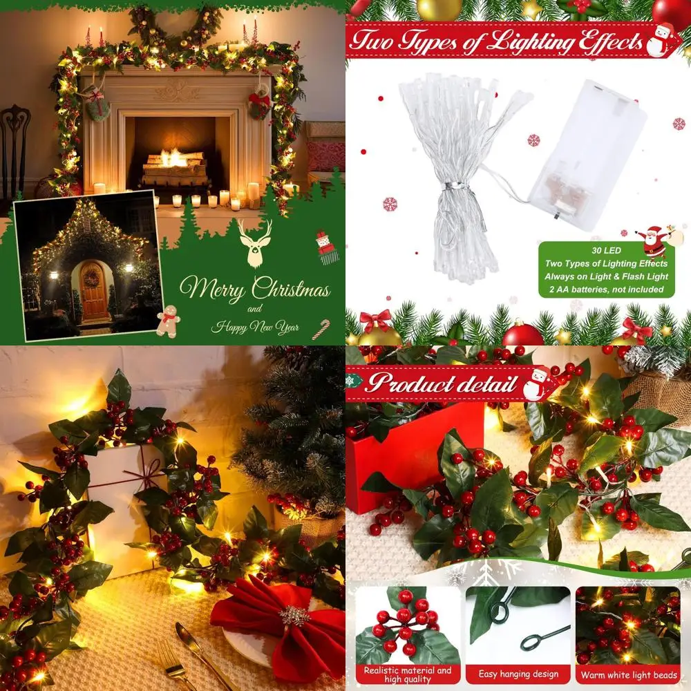 

Искусственная ягодная гирлянда с 30 теплыми светодиодными фонарями, длиной 36 футов для рождественских украшений, для использования в помещении или на открытом воздухе, подходит для огня