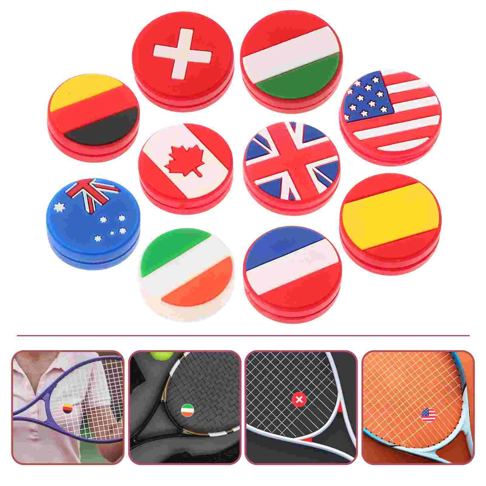 

10PCS Tennis Racket Dampeners Silicone Absorbers National Flag Pattern Round Shape Reduces Impact Stability