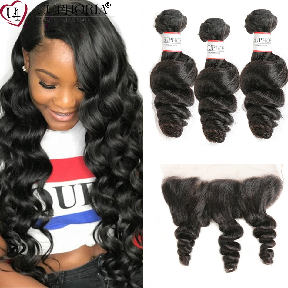 

Natural Color Loose Wave Bundles With 13x4 Lace Frontal Brazilian Remy Human Hair 3 Bundles With Closure Swiss Lace Euphoria