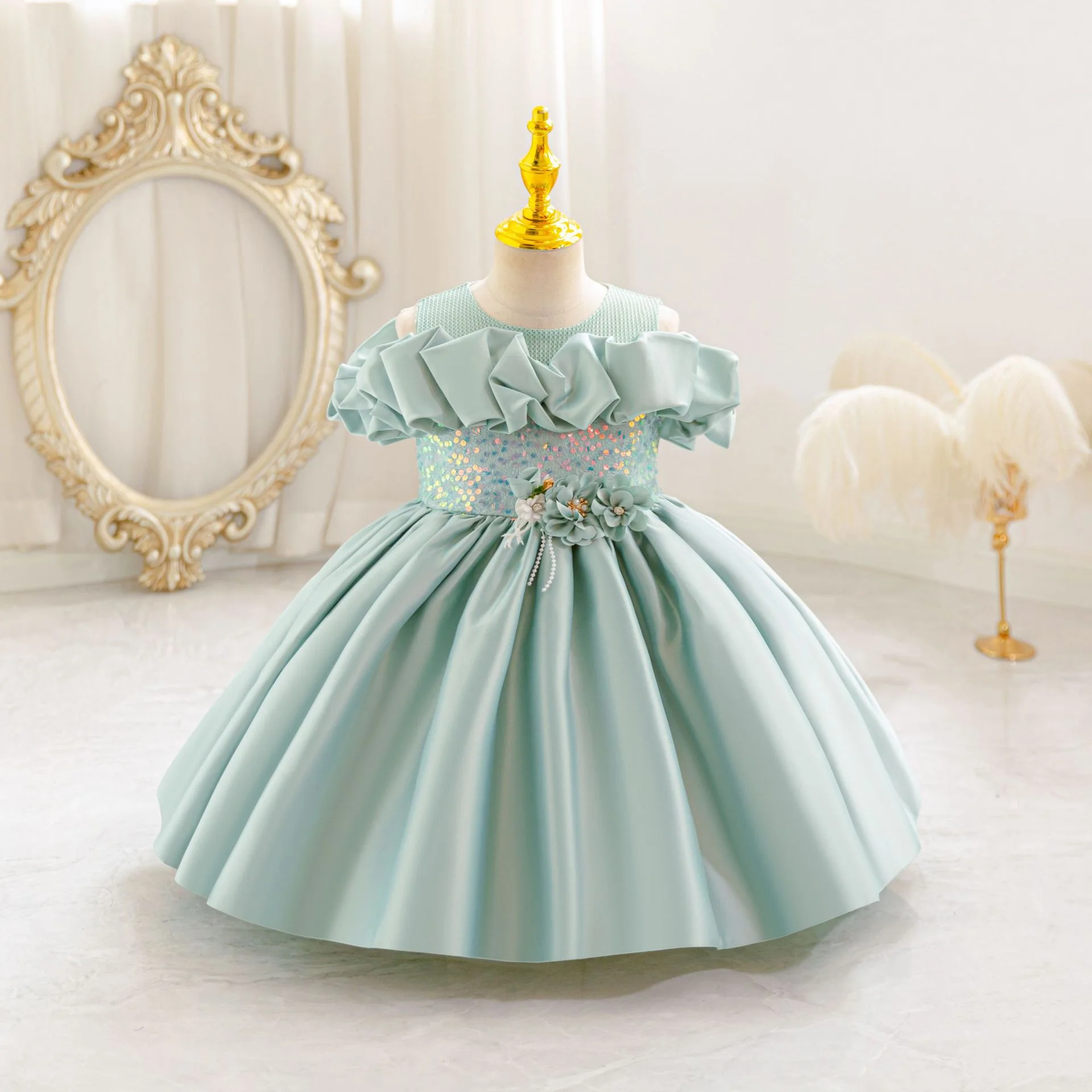 Children Pearl Wedding Sequined Gown Junior Communion Party Pageant Beading Bowknot Puff Sleeve Satin Casual Dresses 1-4 Years