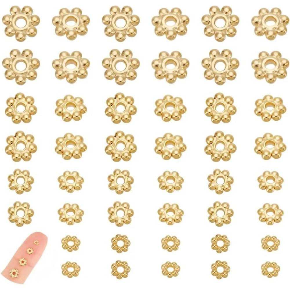 60 pcs 4 Sizes Flower Spacer Beads Stainless Steel Beads 3-6mm Real 18K Gold Plated Mini Snowflake Loose Beads Metal Bead Small