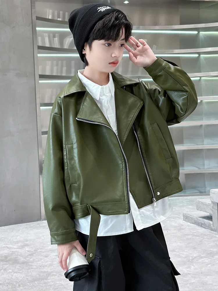 New Kids Boys PU Leather Moto Jacket Autumn Casual Outdoor Biker Coat Teen Children Motorcycle Outerwear 4-13 Years