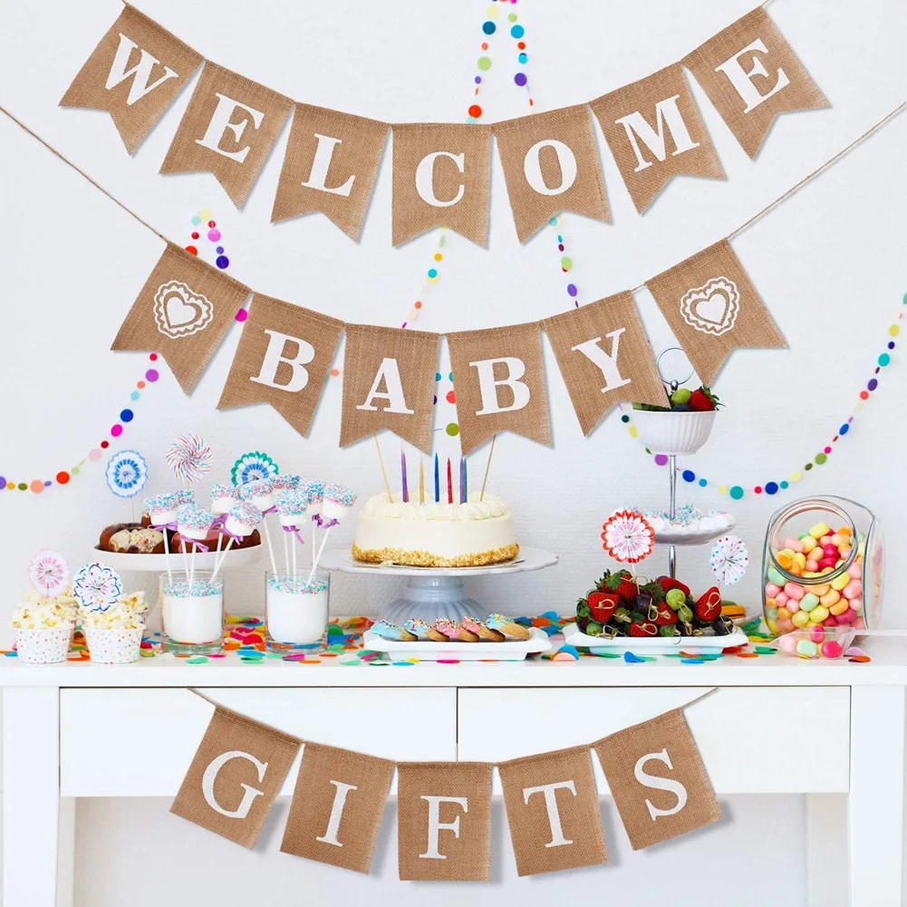 3 Pieces Welcome Baby Banner Gift Burlap Banner Baby Shower Banner Bunting Garland for Baby Shower Party Ornament Favors