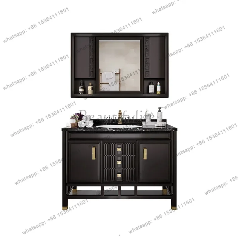 New Chinese-style solid wood bathroom cabinet Floor-to-ceiling face wash basin cabinet combined bathroom wash table